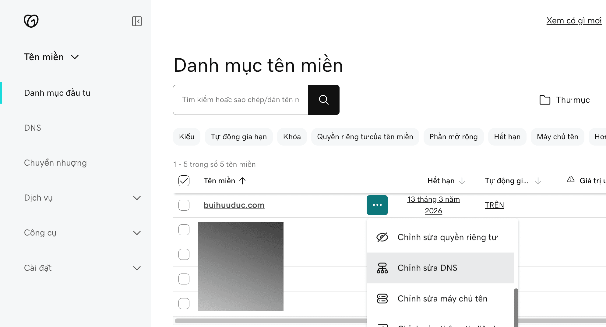 Danh mục tiên miền của GoDaddy