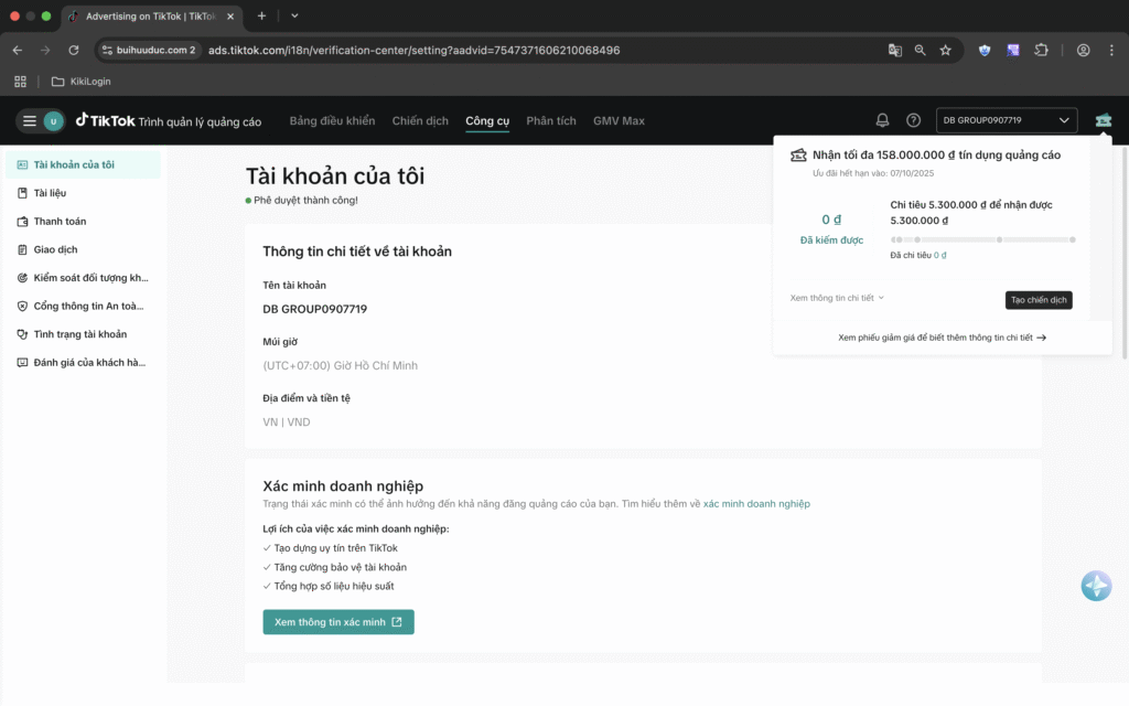 Tài khoản quảng cáo được phê duyệt thành công