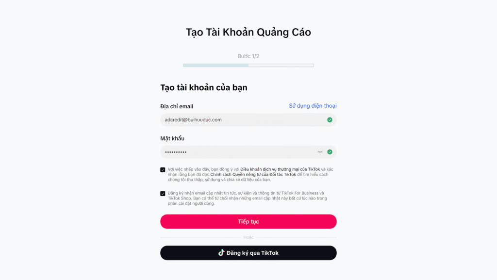 Tạo tài khoản quảng cáo TikTok bước 1