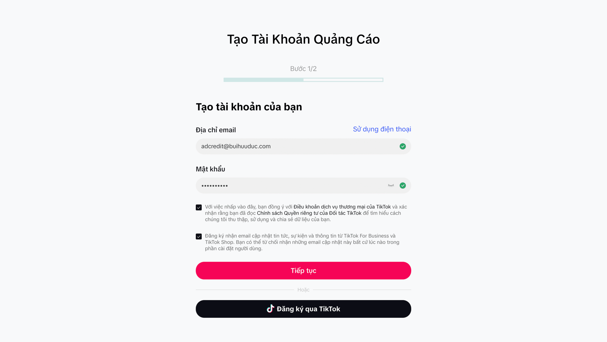 Tạo tài khoản quảng cáo TikTok 1
