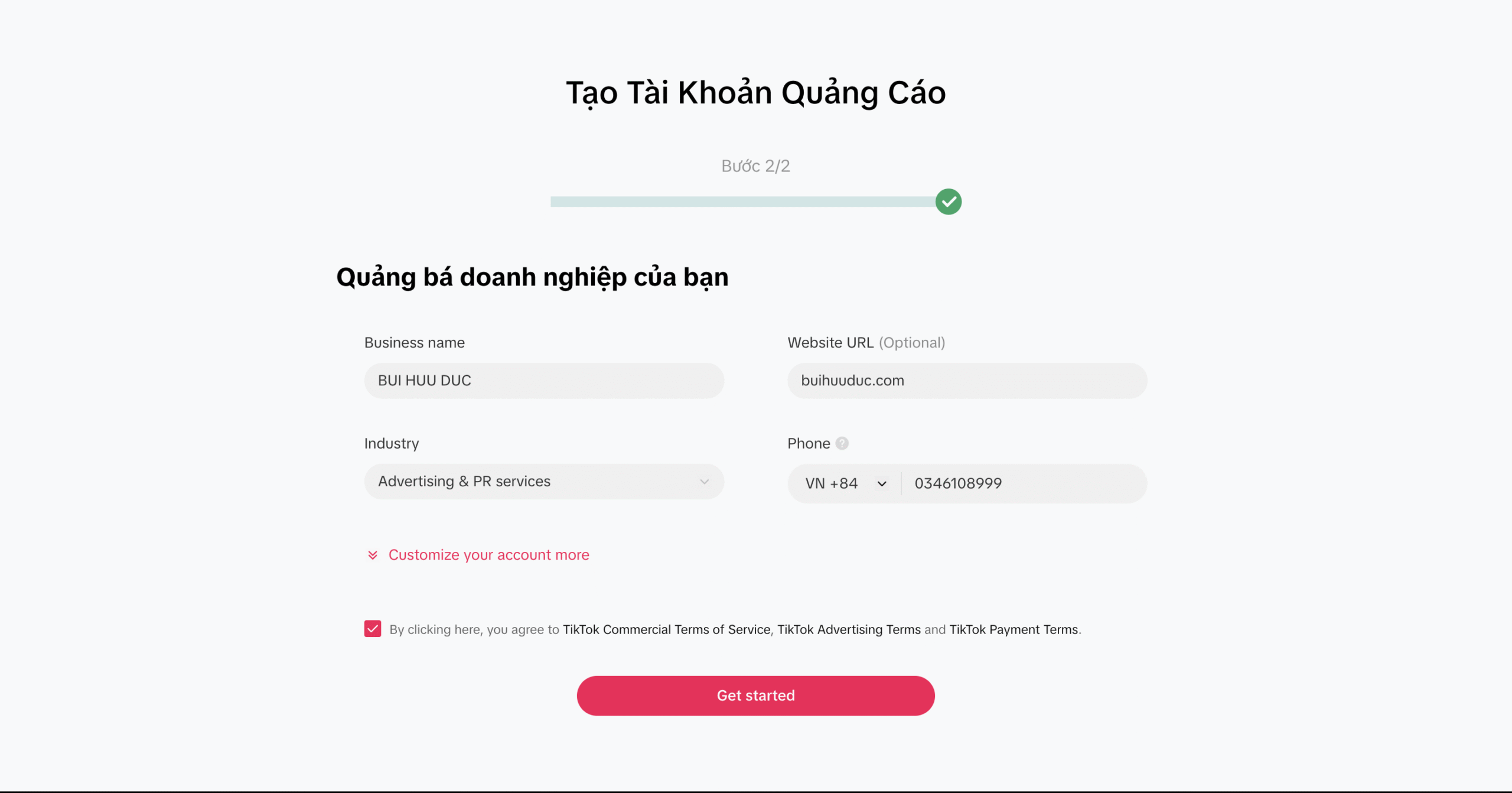 Tạo tài khoản quảng cáo TikTok bước 2
