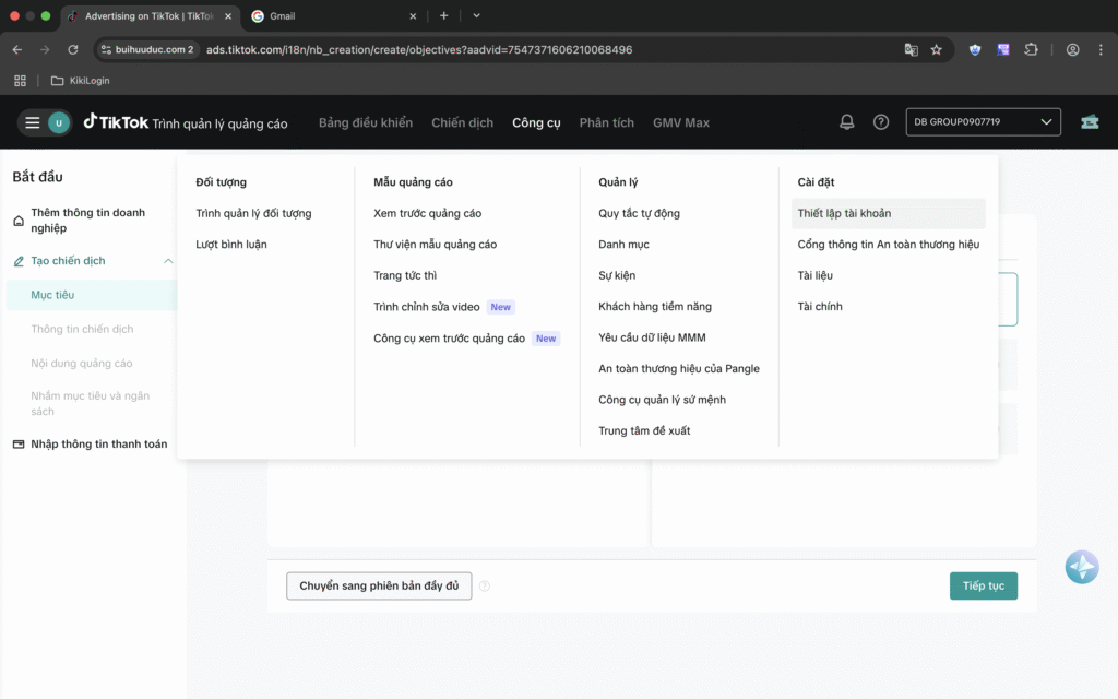 Thiết lập tài khoản quảng cáo TikTok