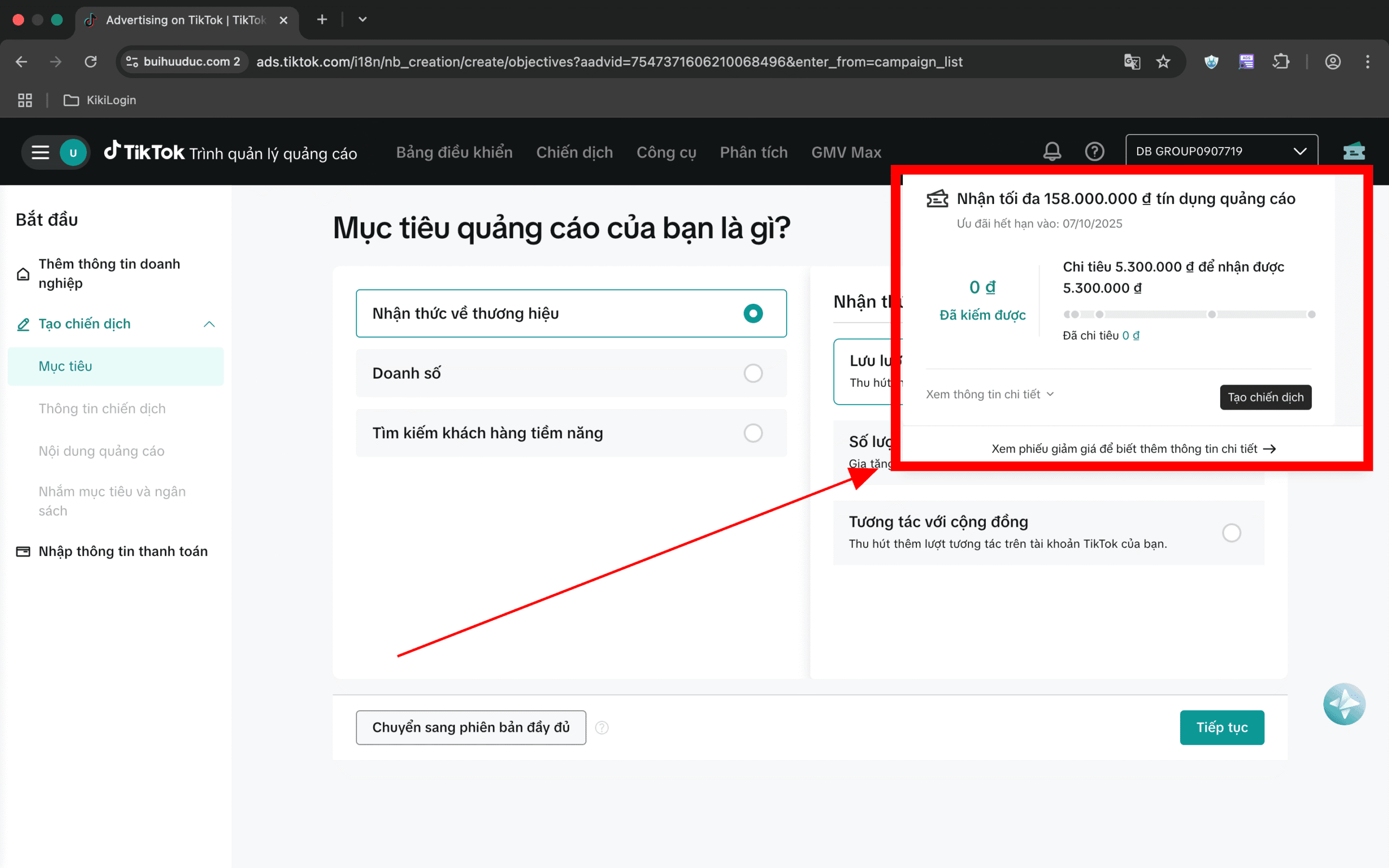 Tín dụng quảng cáo Tiktok 158m