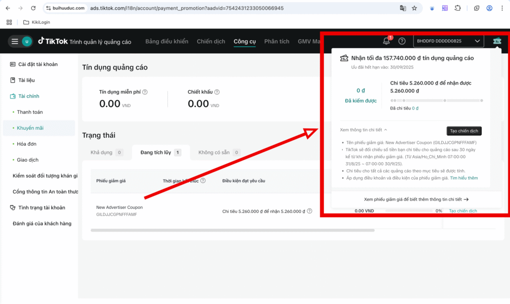 tín dụng quảng cáo TikTok 158 triệu VND