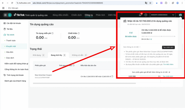tín dụng quảng cáo TikTok 158 triệu VND